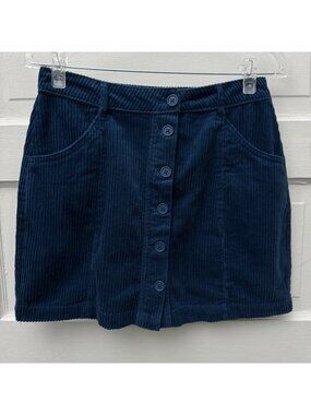Forever 21 Women M Navy Blue Corduroy Button Front Mini Skirt Pockets Cotton